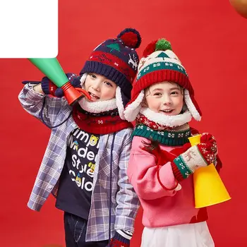 

Toddler Kids Christmas Contrast Color Pompom Earflap Hat Scarf Gloves 3 Pcs Set High Quality and Brand New