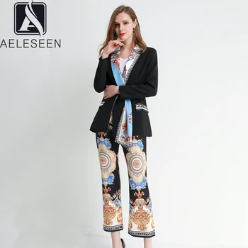 

AELESEEN 2020 Spring New Fashion Runway Print Twinset Women High Street Asymmetric Design Suit Jacket With + Retro Trousers Set