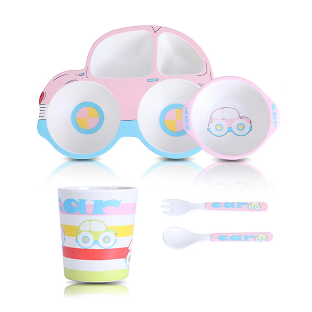 04 Детская посуда из бамбукового волокна, 5 комплектов, детские автомобильные пластины для кормления, разделяемая миска для кормления, столовый набор для детей - Цвет: 04