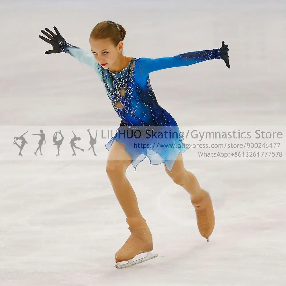 LIUHUO Ice skating dress girls Blue Spandex skate skirt leotards gymnastics Teens Figure Skating dress dance costumes for women