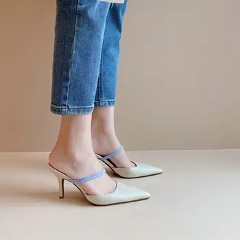 

ZawsThia genuine leather luxury brand pointed toe women's thin high heels sandals slides purple woman slippers mules size 33-43