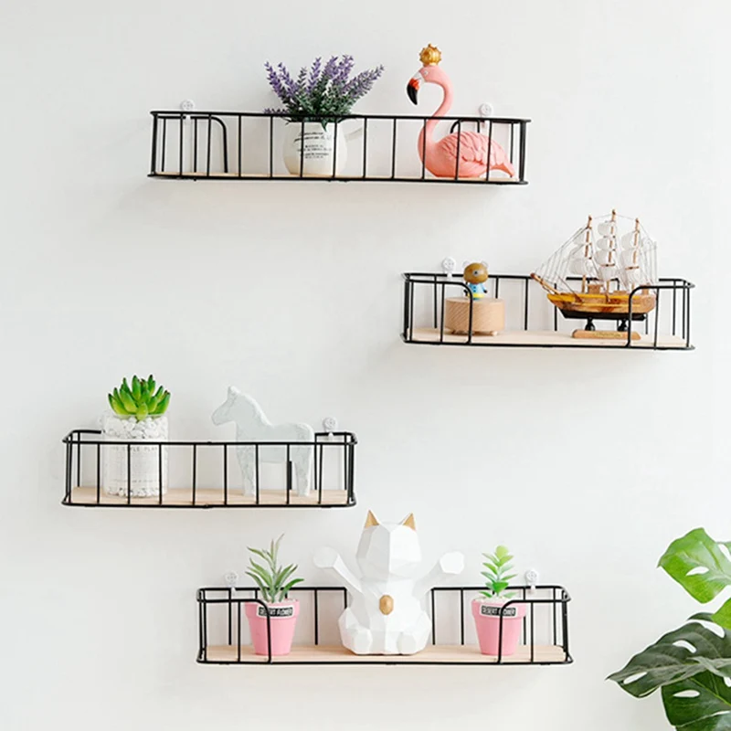 

Wall Mounted Floating Shelves Set 3 Types Rustic Metal Wire Storage Shelves Display Racks Home Decor Wooden Iron Wall Shelf