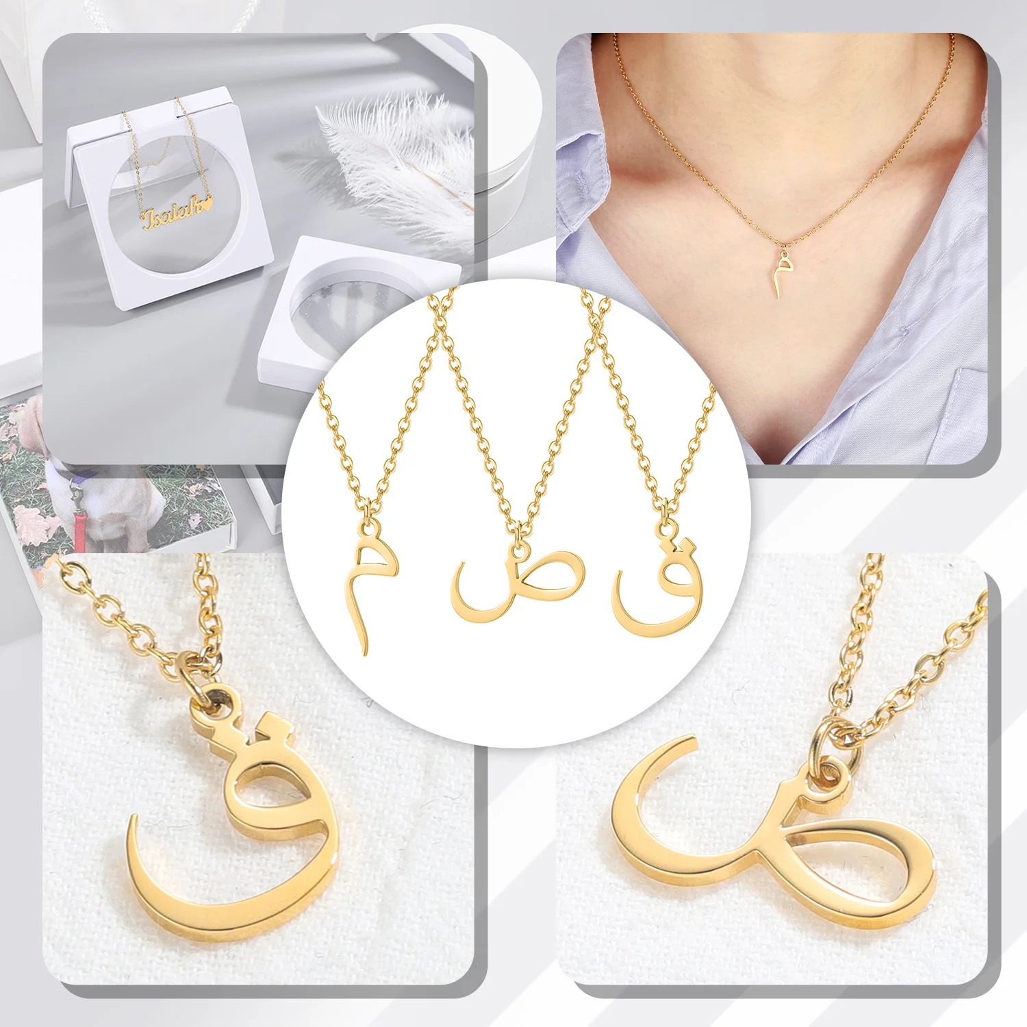 Arabic Initial Letter Necklace Custom Alphabet Pendant Choose Your Letter Stainless Steel Gold Chain For Women