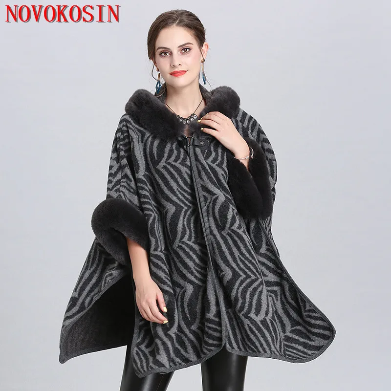 

SC333 Sample Women Loose Plus Size Faux Fox Fur Hat Long Knitted Cardigan Winter Warm Thick Bat Sleeve Coat 2019 Printed Cloak