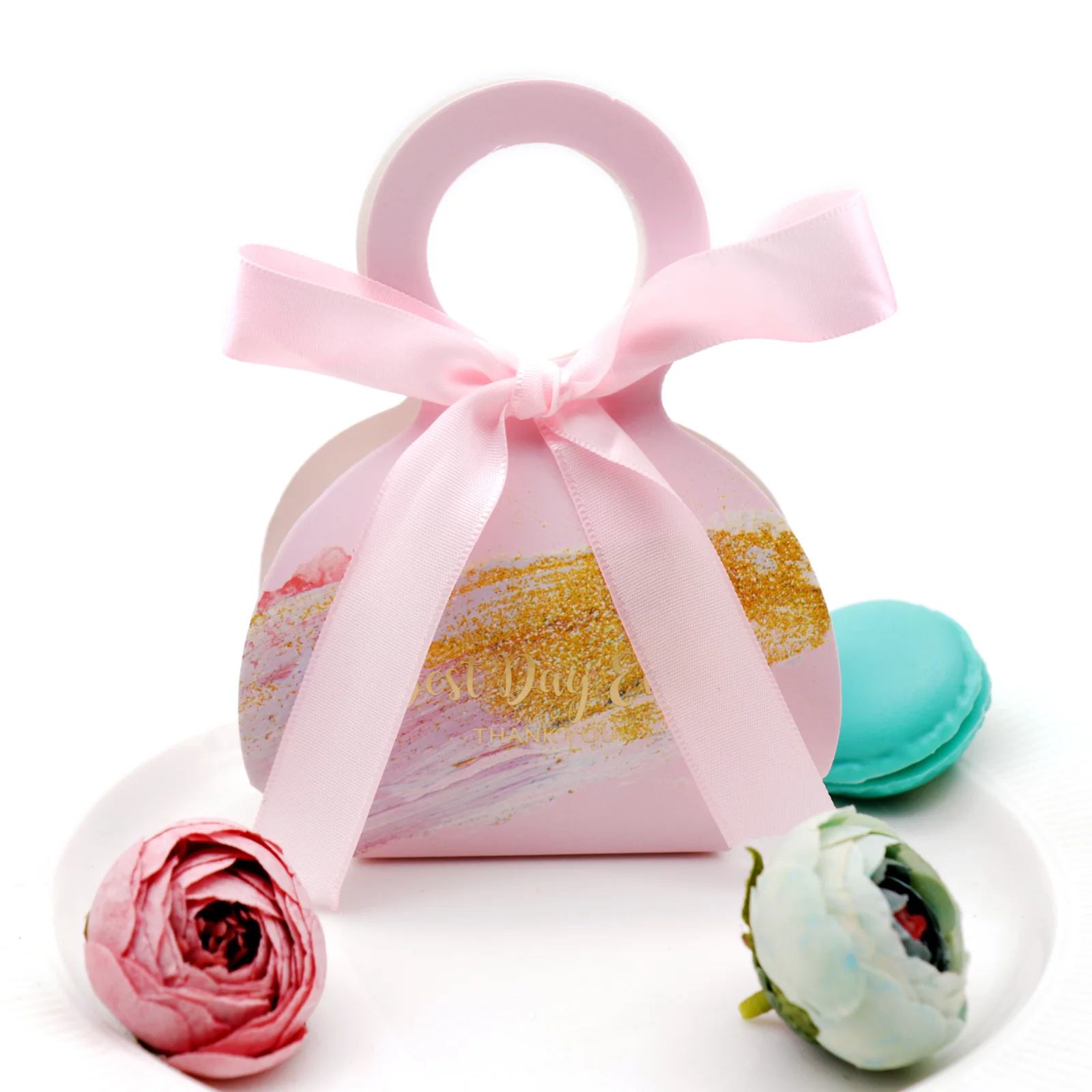 

5Pcs Thank You Printed Pink Candy Bag Box for Favor Gift Decoration Event Party Supplies Wedding Candy Chocolate Handbag Boxes