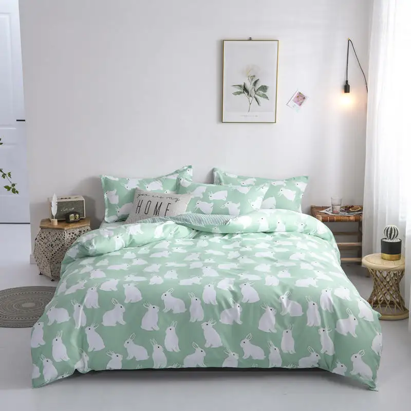 Комплект постельного белья с рисунком кролика из мультфильма, зеленый пододеяльник одеяло, один двойной плоский лист, постельное белье - Цвет: 1
