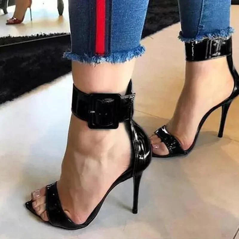 

Big Buckle Strap High Heel Sandals Black Red Patent Leather Stiletto Heel Dress Shoes Cut-outs Banquet Party Shoes Women