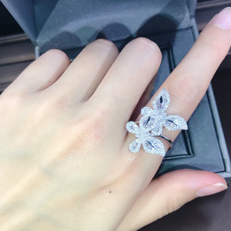 Серебро 925 пробы Кольцо C настоящим бриллиантом AAA 2 карата обручальное кольцо для красивых женщин две бабочки белый топаз драгоценный камень ювелирные кольца