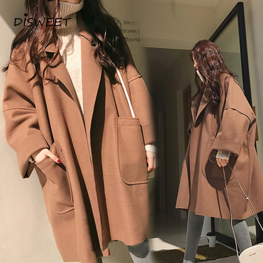 

Korean Version Of The Winter Woolen Coat Women'S Style Simple Oversized Loose Coat Woman Harajuku Large Pocket Plus Size Coat