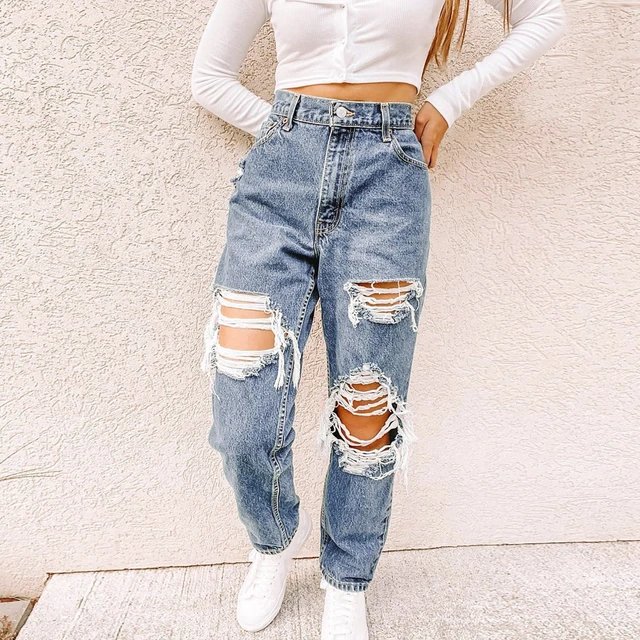 Ripped Jeans For Women High Waisted Baggy Boyfriend Pants Y2k Teen
