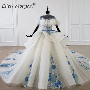 

Spring New 2020 Colorful Wedding Dresses Lace Bridal Ball Gowns with Shawl Feathers Appliques Off Shoulder Vestidos De Novia