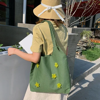 

Soft Big Canvas Bags Daisy Appliques Shoulder Bag Girls Large Capacity Shopping Bag Women Handbag Work Travel Casual Tote