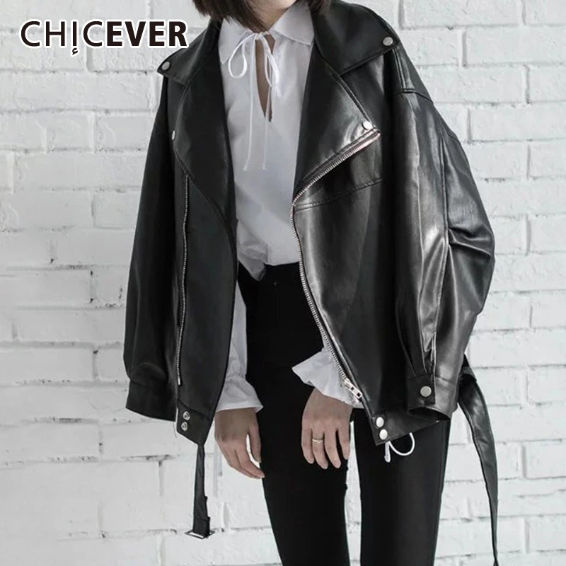 CHICEVER корейский мото стиль pu кожаная куртка для женщин воротник с лацканами