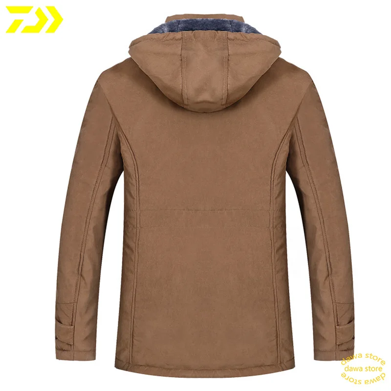 Куртка Daiwa, ветрозащитная термальная одежда для рыбалки, Осень-зима, мужская одежда с капюшоном из плотного бархата, одежда для рыбалки из полиэстера с капюшоном, трикотажные изделия