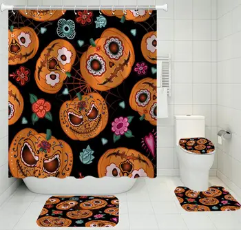 

4 Pieces Halloween Bath Sets Skull Pumpkin Shower Curtain Home Textile Toilet Mat Washable U-shaped Pad 3D Print Floor Rugs
