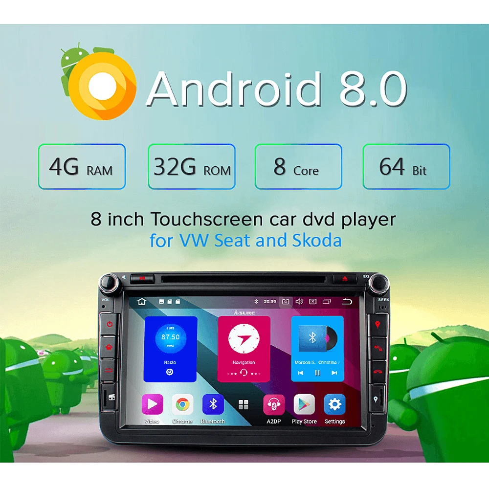 Sale A-Sure 2 Din 8 Core  Android 8.0 Radio GPS DVD Navigation For Volkswagen VW GOLF MK5 MK6 PASSAT B6 TOURAN Polo Tiguan SEAT SKODA 2