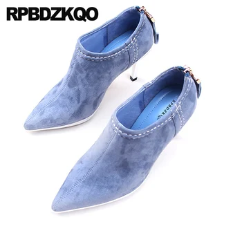 

fall ankle genuine leather pointed toe suede designer shoes women luxury 2019 brand booties blue short high heel boots stiletto