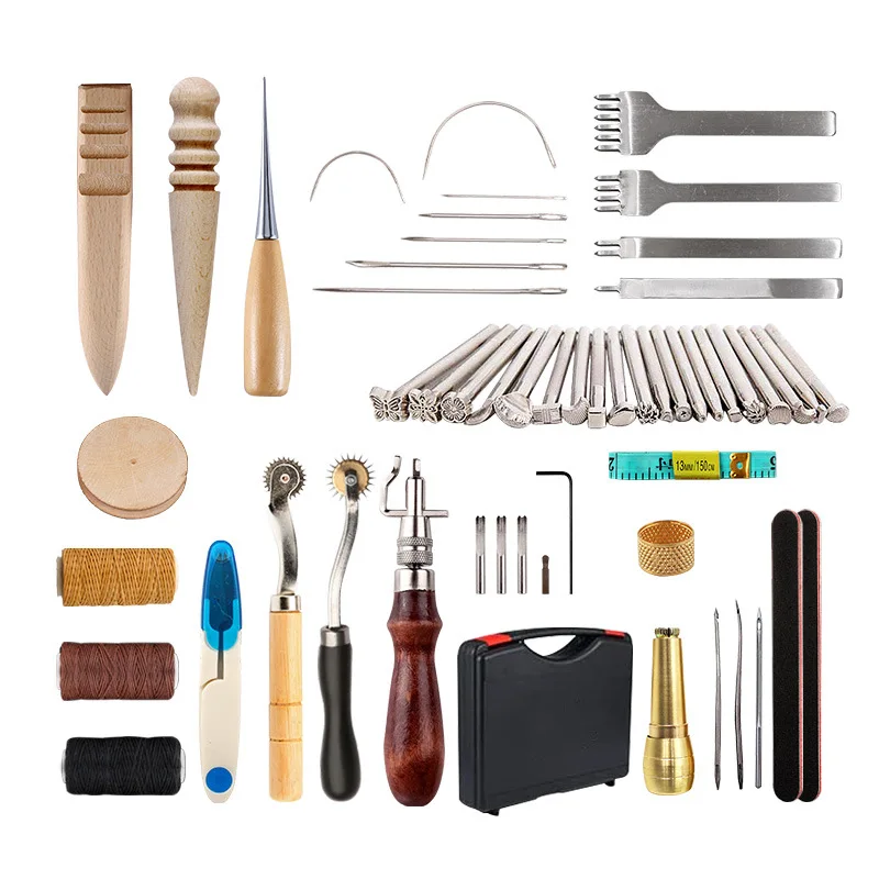

59 Pieces Leather Working Tools Kit With Instructions For Hand Sewing Stitching, Stamping Set and Saddle Making