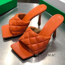 Summer Orange diamond pattern high-heel slippers leather square toe women's outdoor slippers fashion street ladies party shoes