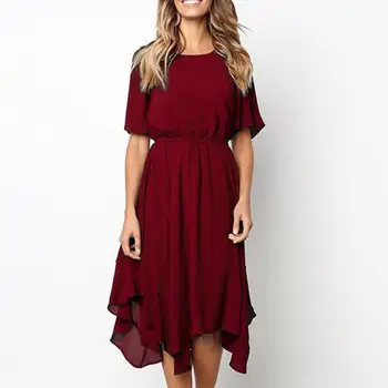 

Summer Lady Solid Color Irregular Tight Waist Short Sleeve Round Neck Midi Dress