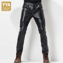 В европейском стиле на осень-зиму тонкие мужские кожаные штаны полной длины ветрозащитные толстые мото байкерские плиссированные мужские брюки-карандаш из натуральной кожи