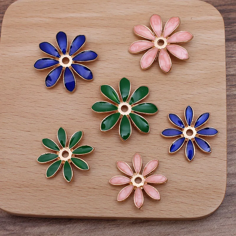 10pcs Metal Enamel Flower Beads Caps Blue Green Pink Filigree Flower Base Charms Pendants for Jewelry Making Components DIY