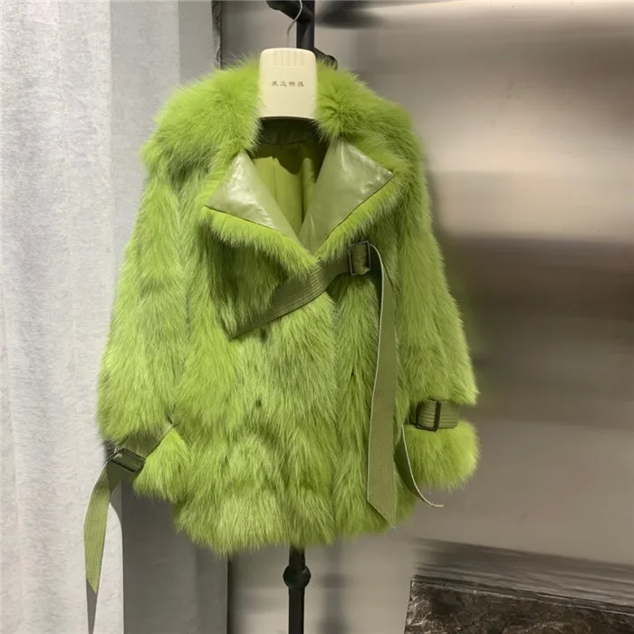 green Женские пальто зима Роскошная натуральная Шуба из натурального Лисьего меха Женский костюм воротник натуральный мех куртка - Цвет: green