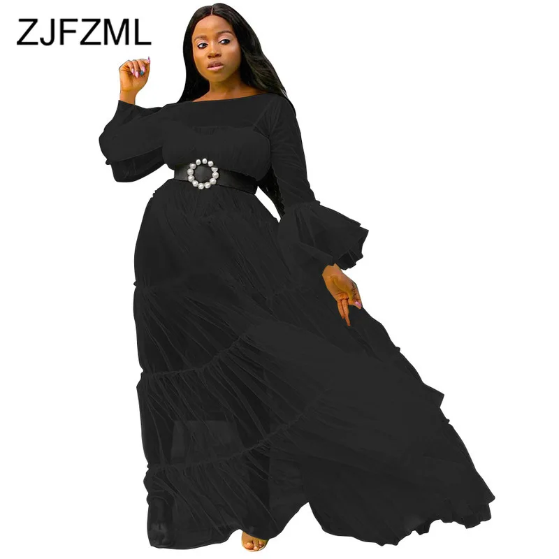 

Perspective Mesh Pleated Sexy Club Dresses Woman Long Flare Sleeve Loose Neon Maxi Dress 2019 Fall Plus Size Floor Length Dress