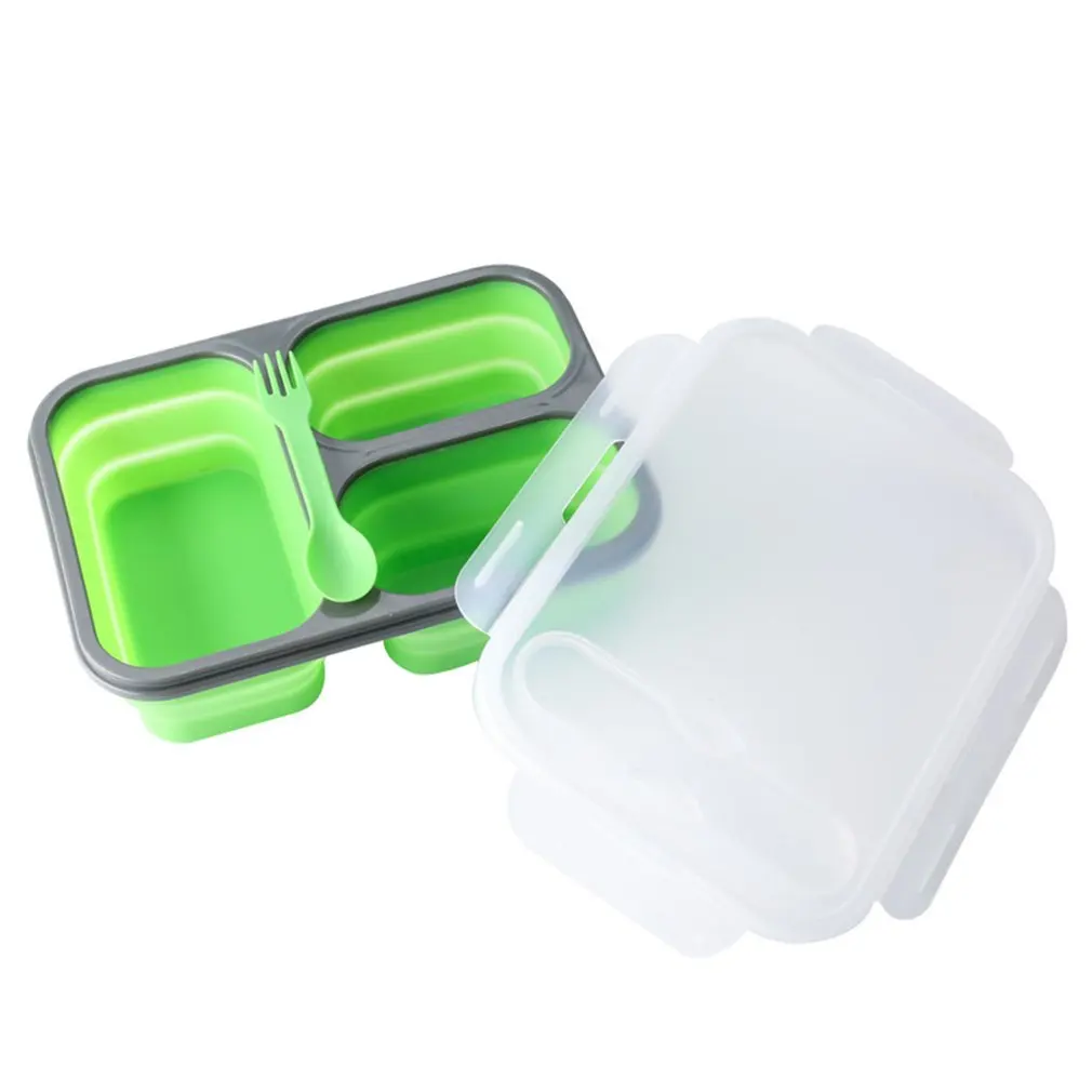 

Three Grid Food Grade Silicone Lunch Box Foldable Plastic Lunch Box With Lid Crisper