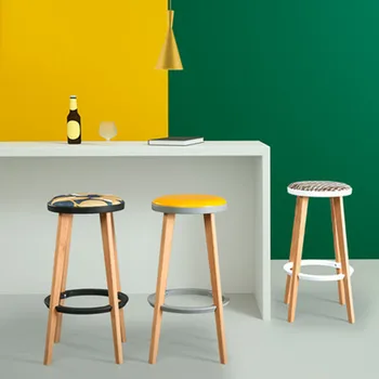 

Bar Stool Nordic Modern Minimalist Home Wooden High Foot Barstool PU/Cloth Cushion Dining Chair Leisure Family Business Cafe