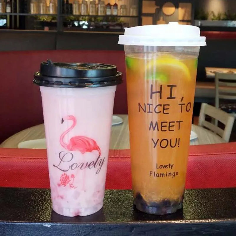 500pcs High quality flamingo cup 500ml transparent disposable coffee milk tea juice cold drink plastic cups with cover wholesale