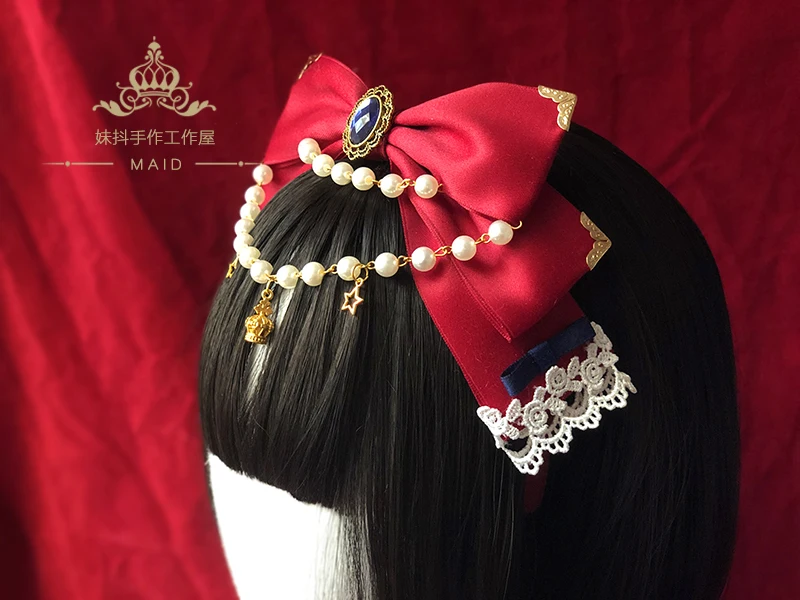 Сладкий головной убор ручной работы бант Hairband KC обруч с лентой Лолита кружева жемчужная цепь дизайн милый красный синий