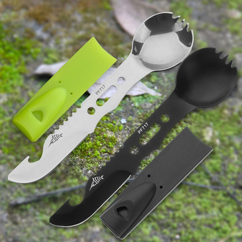 

Multifunctional Camping Cookware Spoon Fork Bottle Opener Portable Tool Safety & Survival Durable Stainless Steel Survival Kit