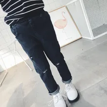 Spring Korean-style New Products Men And Women Children Solid Color Knee Tattered Sand Wash Jeans Fashion-Crawler