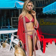 Bohemian Holiday Beach Bikini Cover-ups Kimono 2022 Summer Tunics Long Cardigan with Waist Belt Sexy Swimwear Cover Up Beachwear