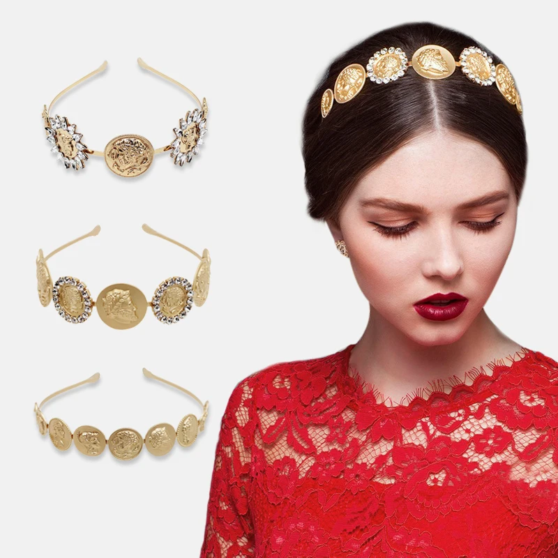 

Elegant Hair Hoop For Girl Portrait Punk Golden Coin Hair Clips Women Luxurious Metal Crystal Hair Band Queen Retro Headband