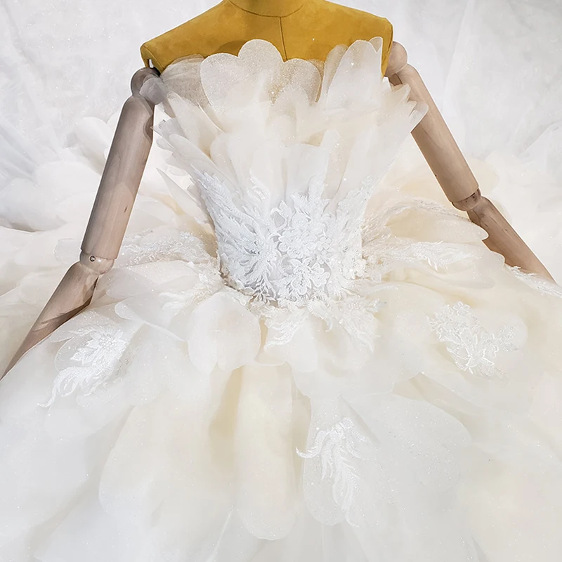 HTL2148 White Elegant Graceful Wedding Dress 2021 Back Lace-Up Flower Layered Applique Design Long Trailing Dress 6