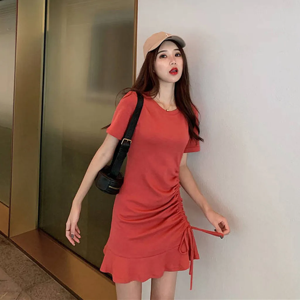 Jaycosin Fashion Summer Casual O-Neck Short Sleeve Elegant Women Summer Long Dress Ladies Slim Thin Solid Ruffles Knee Dress 319