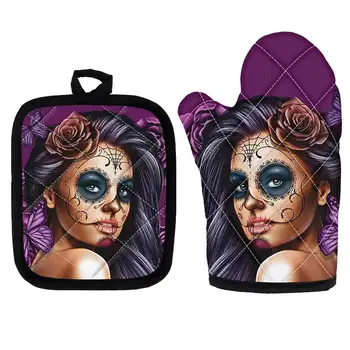 

Calavera Girl Purple Gothic Style Microwave Glove Potholder Polyester Oven Mitt Insulation Gloves Kitchen Pad Baking BBQ Gloves