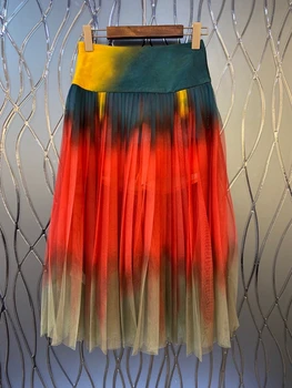 

2020 Spring and Summer New Women's Elastic Waist Smudge Color Matching Stitching All-match Mid-Length Skirt 602