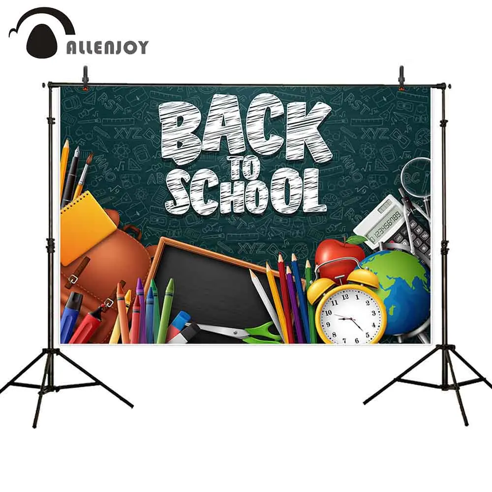 

Allenjoy Blackboard Banner Step and Repeat Globe Pencils Back to School Theme Photocall Schoolbag Chalk Celebrate Event Backdrop