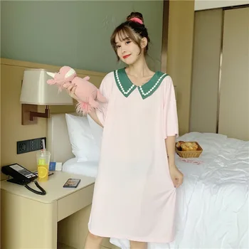 

Sweet Nightgown Female Summer 2020 College Style Mid-Length V-Neck Pajamas Students Solid Color Outer Wear Clothing Female