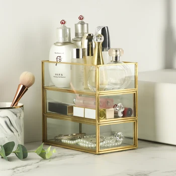 

Luxury Brass Glass Cosmetic Mascara Eyeliner Lipstic Storage Box Jewelry Organizer Brush Storage Box Tabletop Sundries