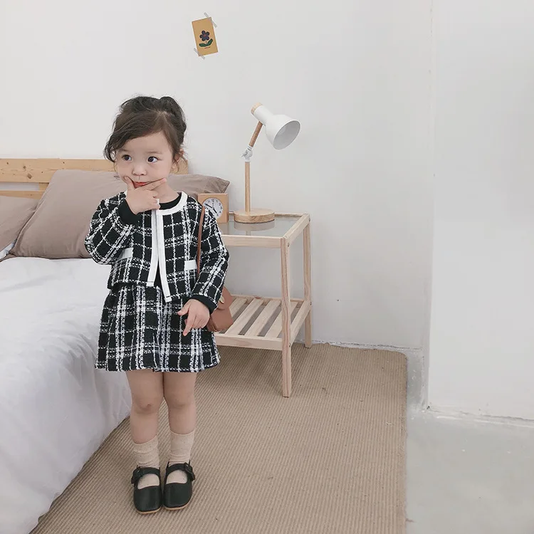

2019 Baby Kids Long Sleeve Plaid Long Sleeve Coat and Dress Two Pieces Sets Autumn Cotton Fashion Round Neck Jacket+dress Suit