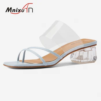 

Handmade women flip flops slippers summer casual sandals 2020 new genuine leather transparent PVC clear medium heels blue slides
