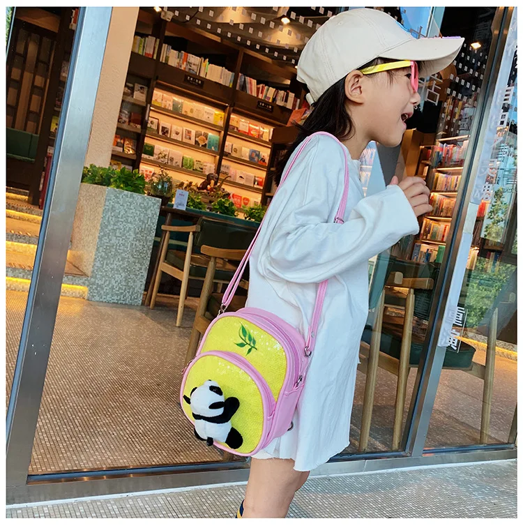 Mini PU leather Crossbody Bag for Little Girls Sequin Gillter School Handbags Teenagers Cute Panda Plush Backpack Pink Black Red (11)