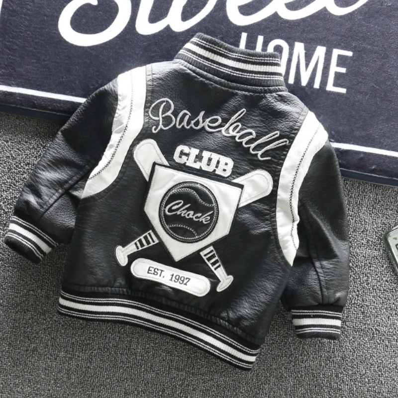 Fashion Baby Boy PU Leather Baseball Jacket Spring Autumn Toddler Kids Thick Faux Leather Coat Sport Outwear Clothes 1-7Y