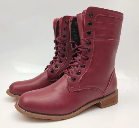 Женские ботинки до середины икры на низком каблуке; chaussure; Винтажные ботинки-гладиаторы на шнуровке; matin; женская обувь; zapatos mujer sapato; w09 - Цвет: rose red