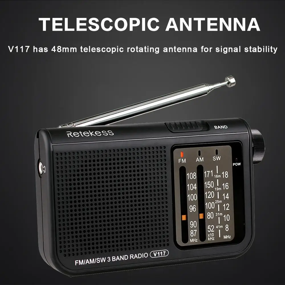 RETEKESS V117 радио портативный AM FM Небольшой Аварийный транзистор радио приемник коротковолновой батареи питание тюнер приемник для старшего