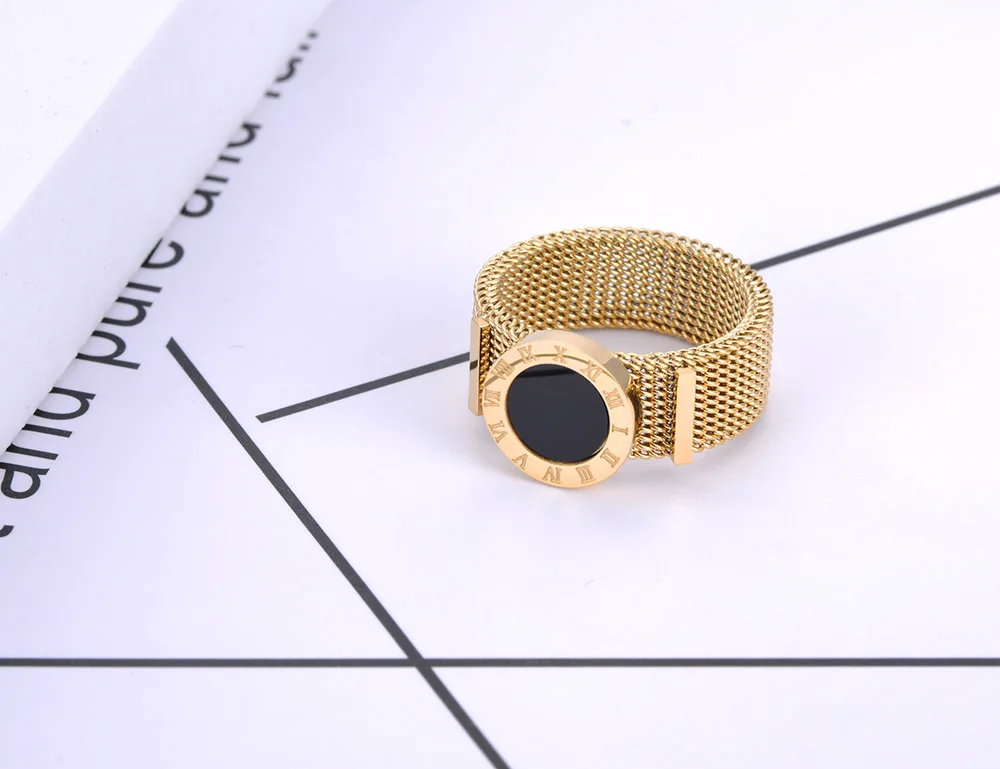 JeeMango Original Design Roman Numeral Network Chain Rings Titanium Stainless Steel Black Acrylic Wedding Ring For Women JR20092,wedding rings,stainless steel ring,ring set,wedding ring